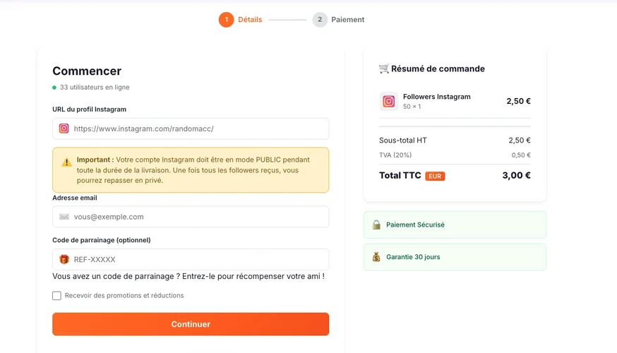 Eingabe des Instagram-Benutzernamens und Bezahlung
